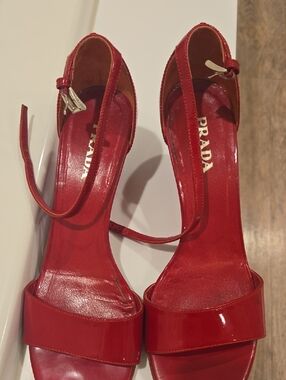 Prada Red Patent Leather Ankle-Strap Sandals with Gold Buckles